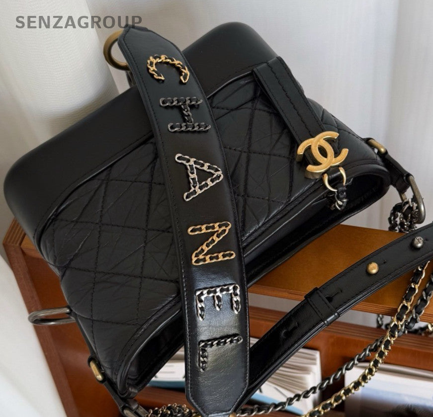Chanel Gabrielle PM Chain Shoulder Bag Black Gold Diamond Women Classic Fashion