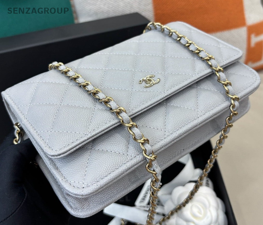 Chanel WOC Chain Shoulder Bag Gray Gold Women Classic Diamond Fashion