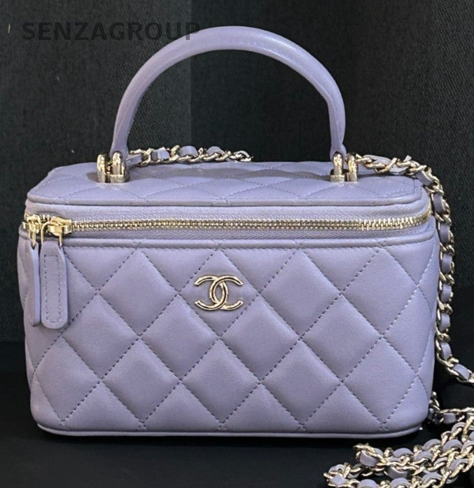 Chanel Lambskin Diamond Pattern Top Handle Bag Crossbody Purple Gold Designer