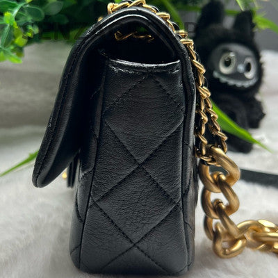 CHANEL 22P Black Gold Chain Quilted Caviar Mini Square Flap Bag