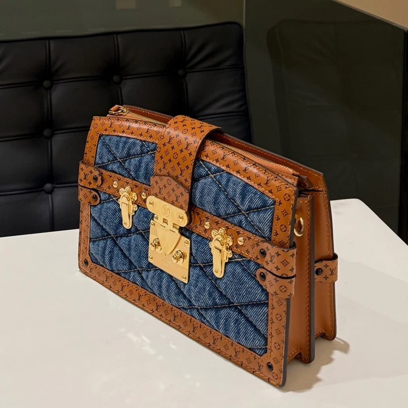 Louis Vuitton Denim Soft Trunk Blue Brown Crossbody Bag Women