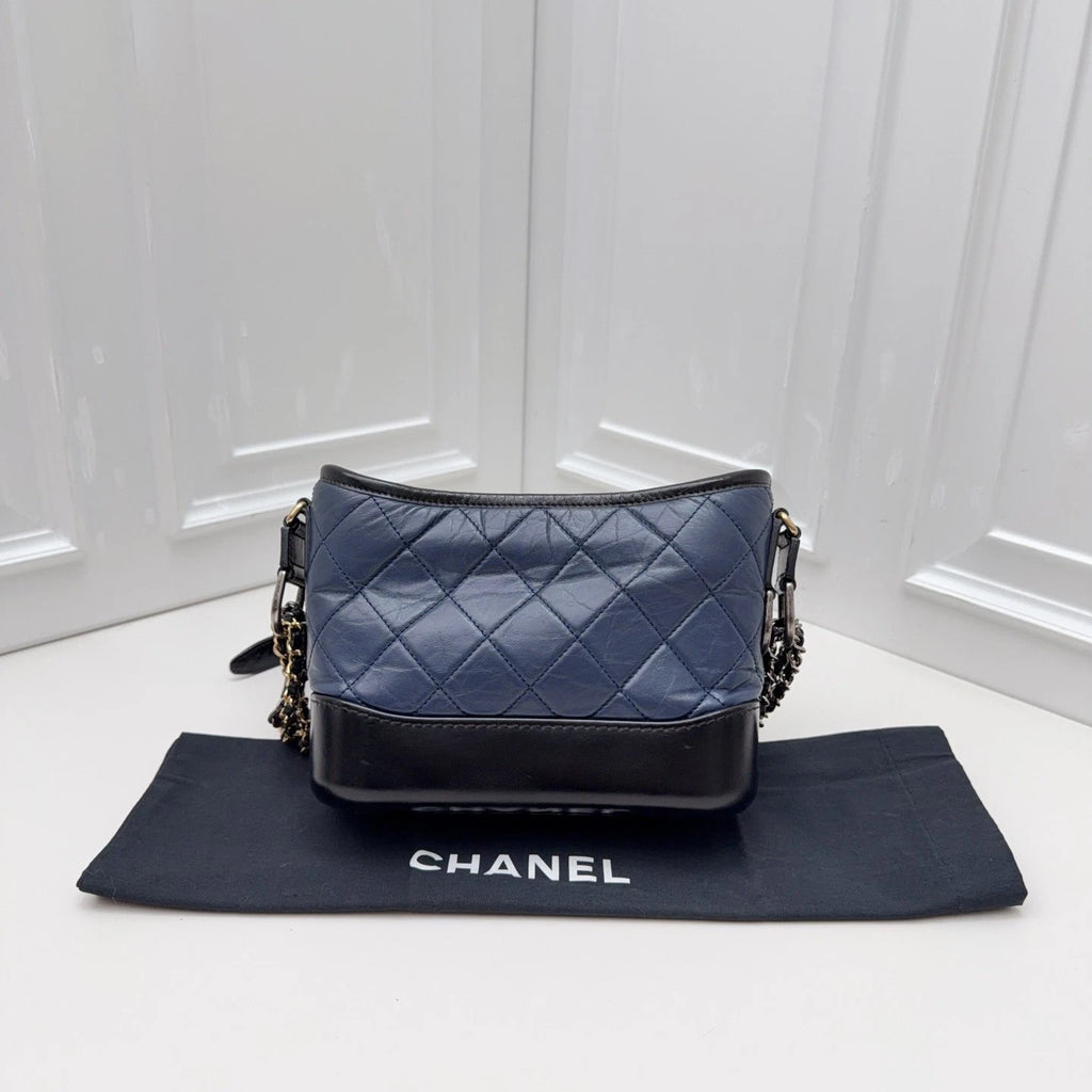 Chanel Gabrielle Small Hobo Shoulder Bag Navy Blue Black Quilted Aged Calfskin