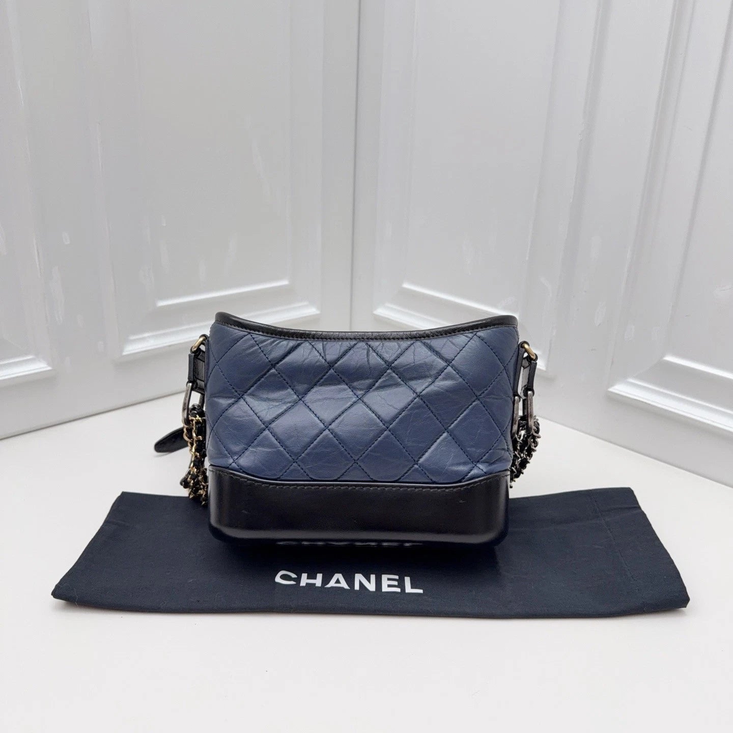 Chanel Gabrielle Small Hobo Shoulder Bag Navy Blue Black Quilted Aged Calfskin