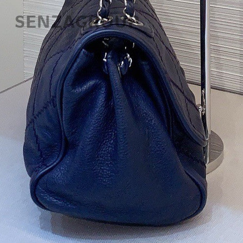 Chanel Classic Flap Calfskin Chain Shoulder Bag Blue Silver Used Women