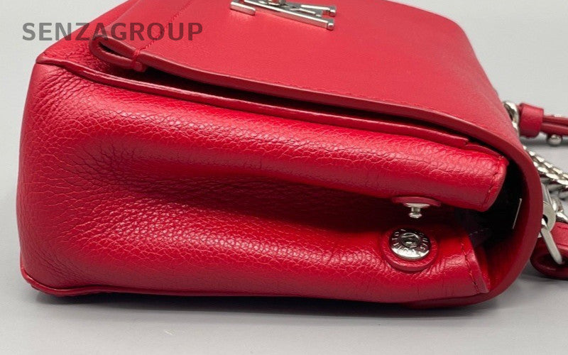 Louis Vuitton Lock Me Calfskin Top Handle Bag Crossbody Red Silver Women Classic