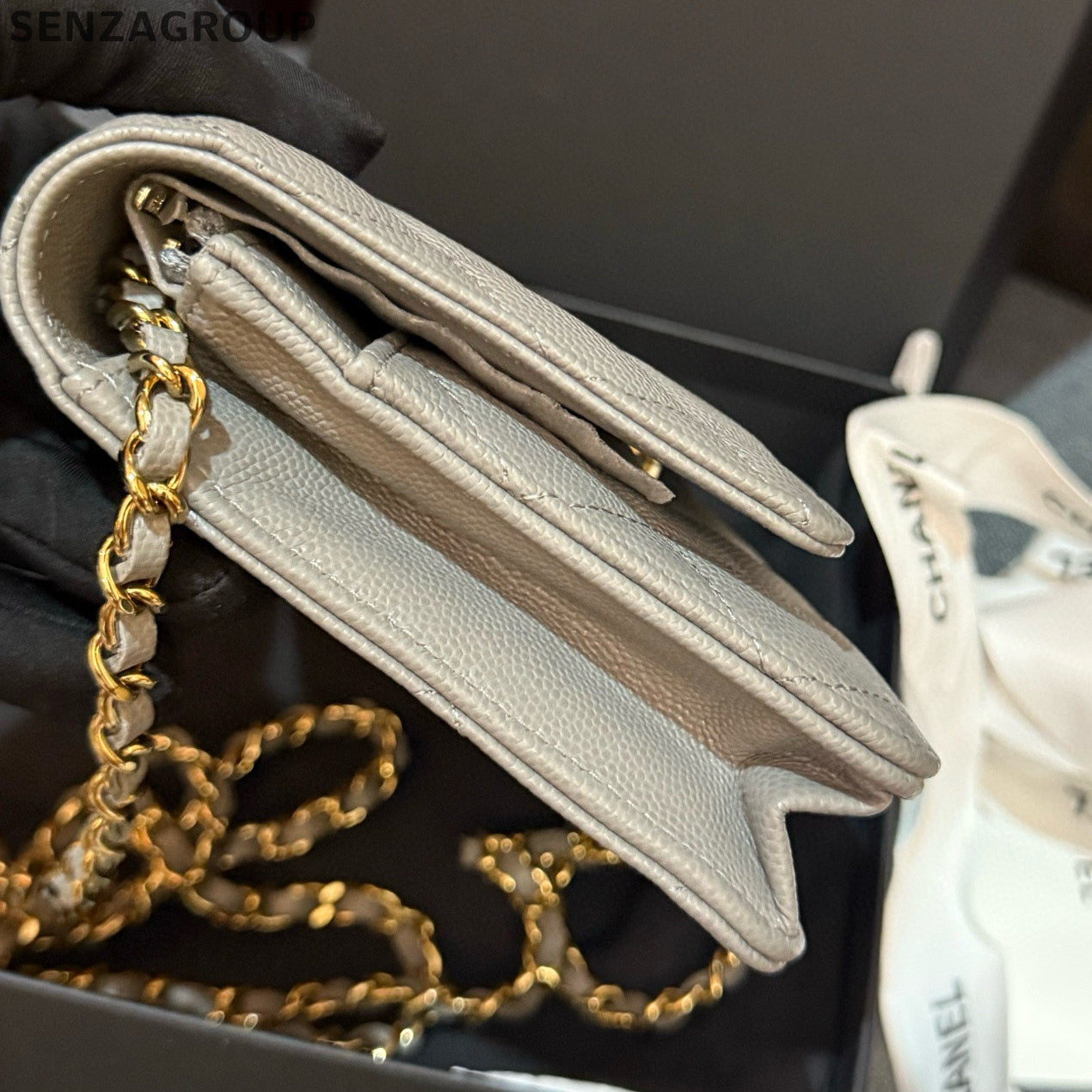 Chanel WOC Calfskin Chain Shoulder Crossbody Bag Grey Gold Classic Fashion