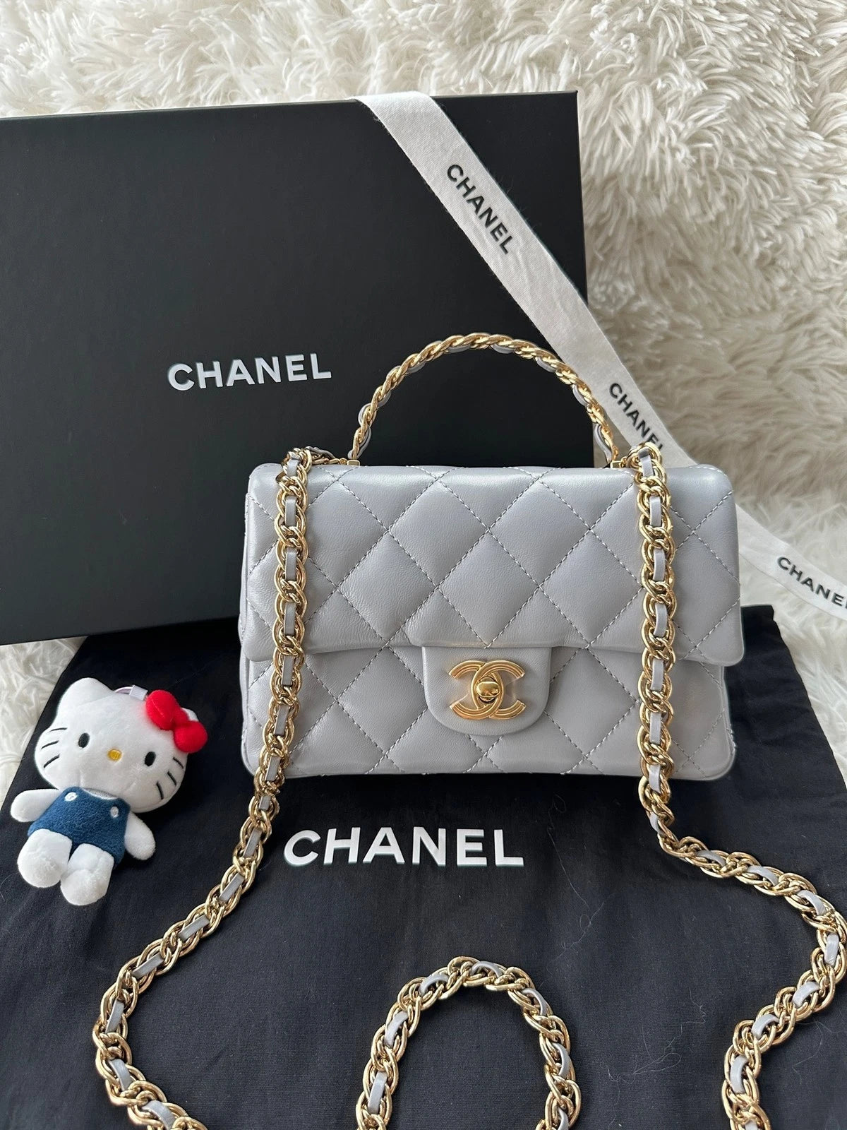 Authentic CHANEL Grey Lambskin Square CF Bag For Women