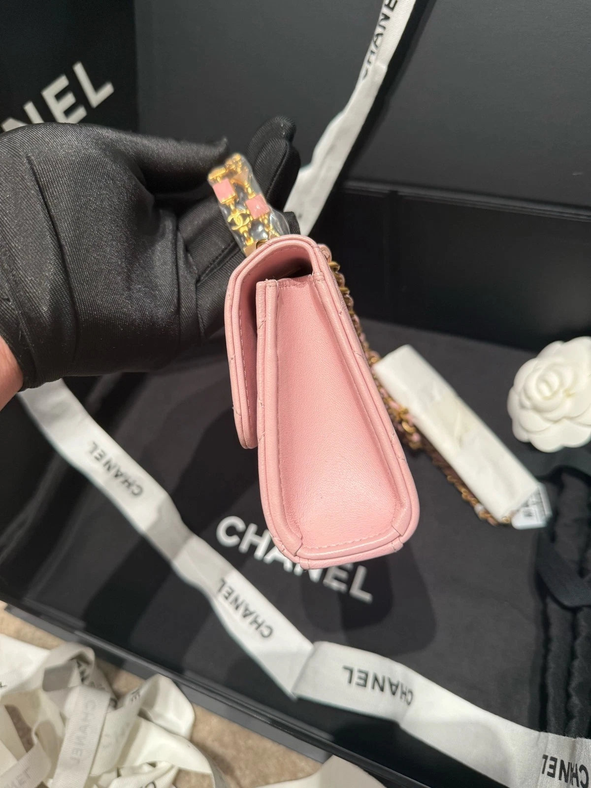 CHANEL Leather Pink Enamel Handle Large Kelly Bag For Women