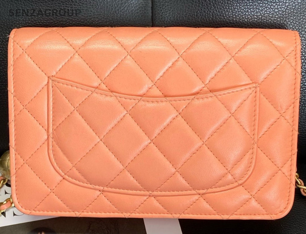 CHANEL WOC Diamon Pattern Chain Shoulder Bag Crossbody Orange Gold Women Classic