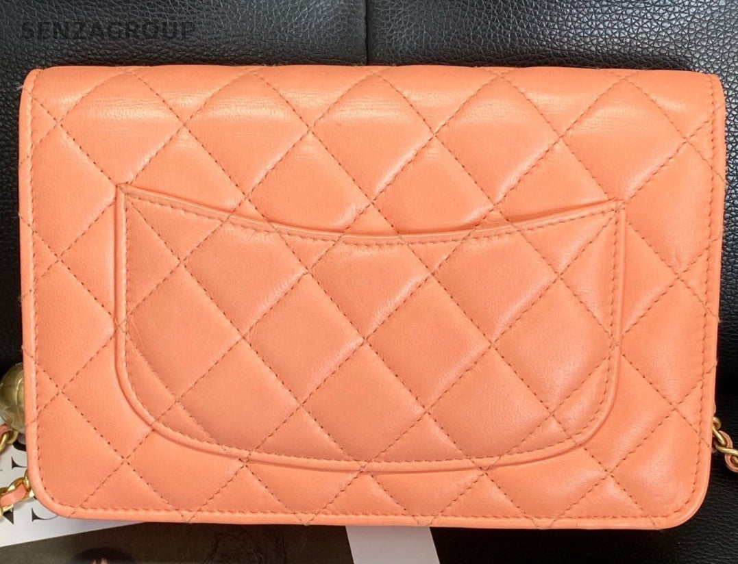 CHANEL WOC Diamon Pattern Chain Shoulder Bag Crossbody Orange Gold Women Classic