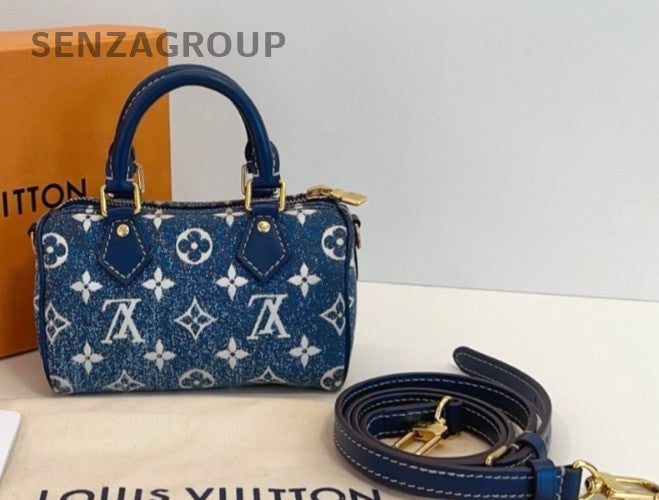 Louis Vuitton Speedy Nano Denim Top Handle Shoulder Crossbody Bag Blue Women