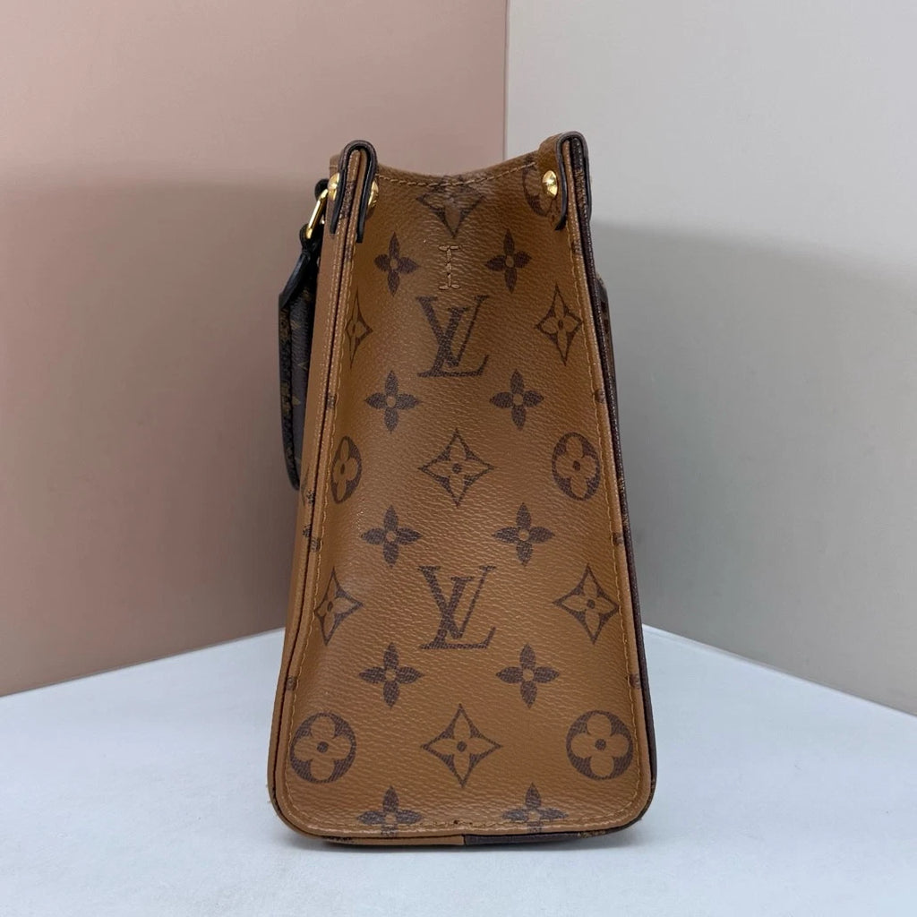 Louis Vuitton Onthego PM Monogram Tote Top Handle Shoulder Bag Brown Gold Women