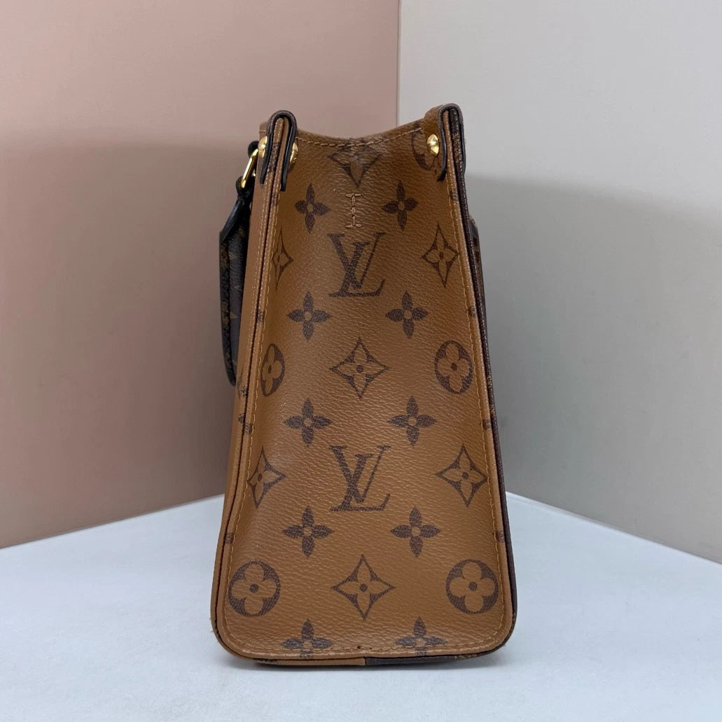 Louis Vuitton Onthego PM Monogram Tote Top Handle Shoulder Bag Brown Gold Women