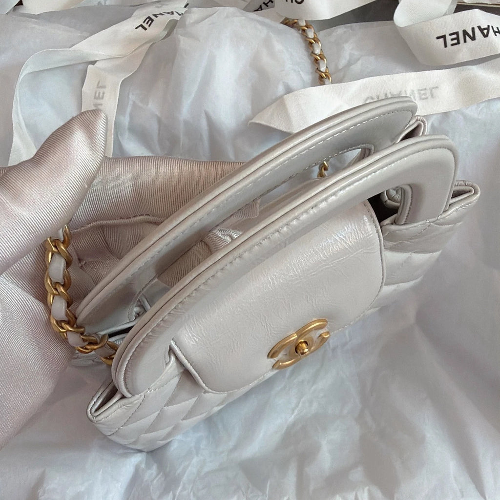 Chanel Kelly Diamond Chain Top Handle Crossbody Gray Gold Women Classic Fashion