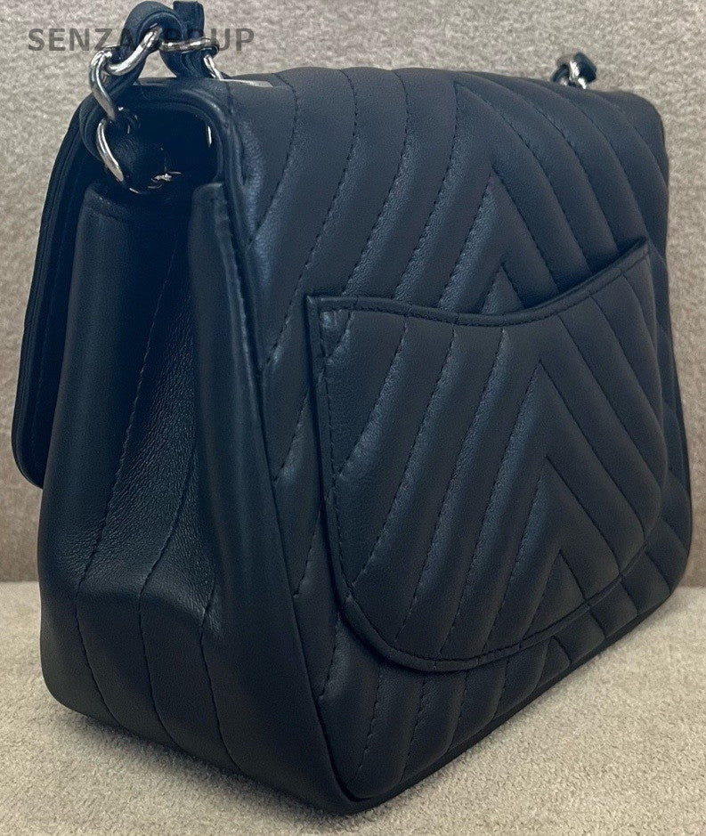 Chanel Classic Flap Calfskin Chain Shoulder Bag Crossbody Black Silver Women