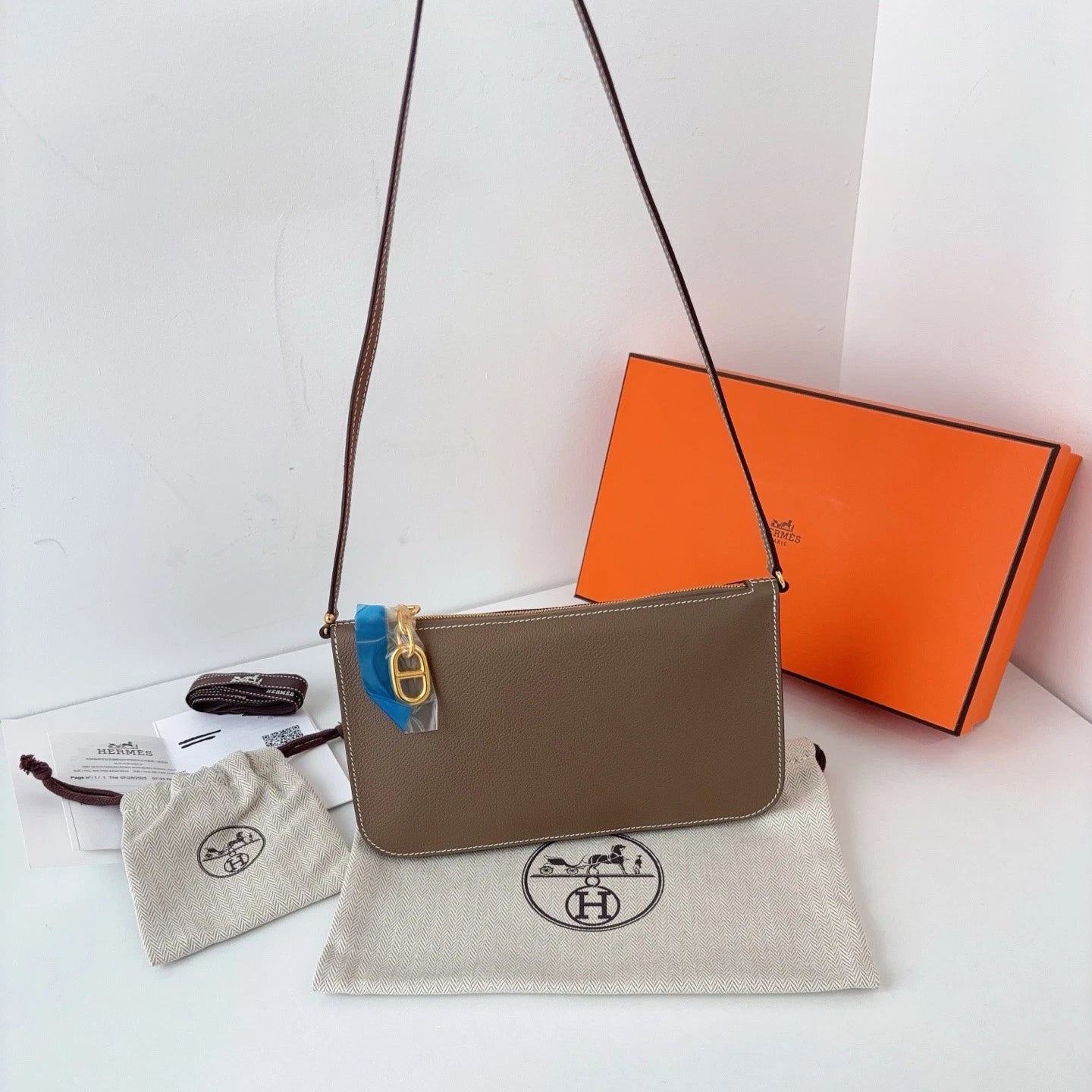 Excellent Hermes Zipengo To GO 2Way Handbag Shoulder Bag Gray Gold Hardware