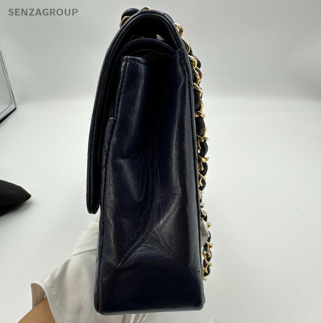 Chanel Classic Flap Lambskin MM Chain Shoulder Crossbody Blue Gold Women Vintage