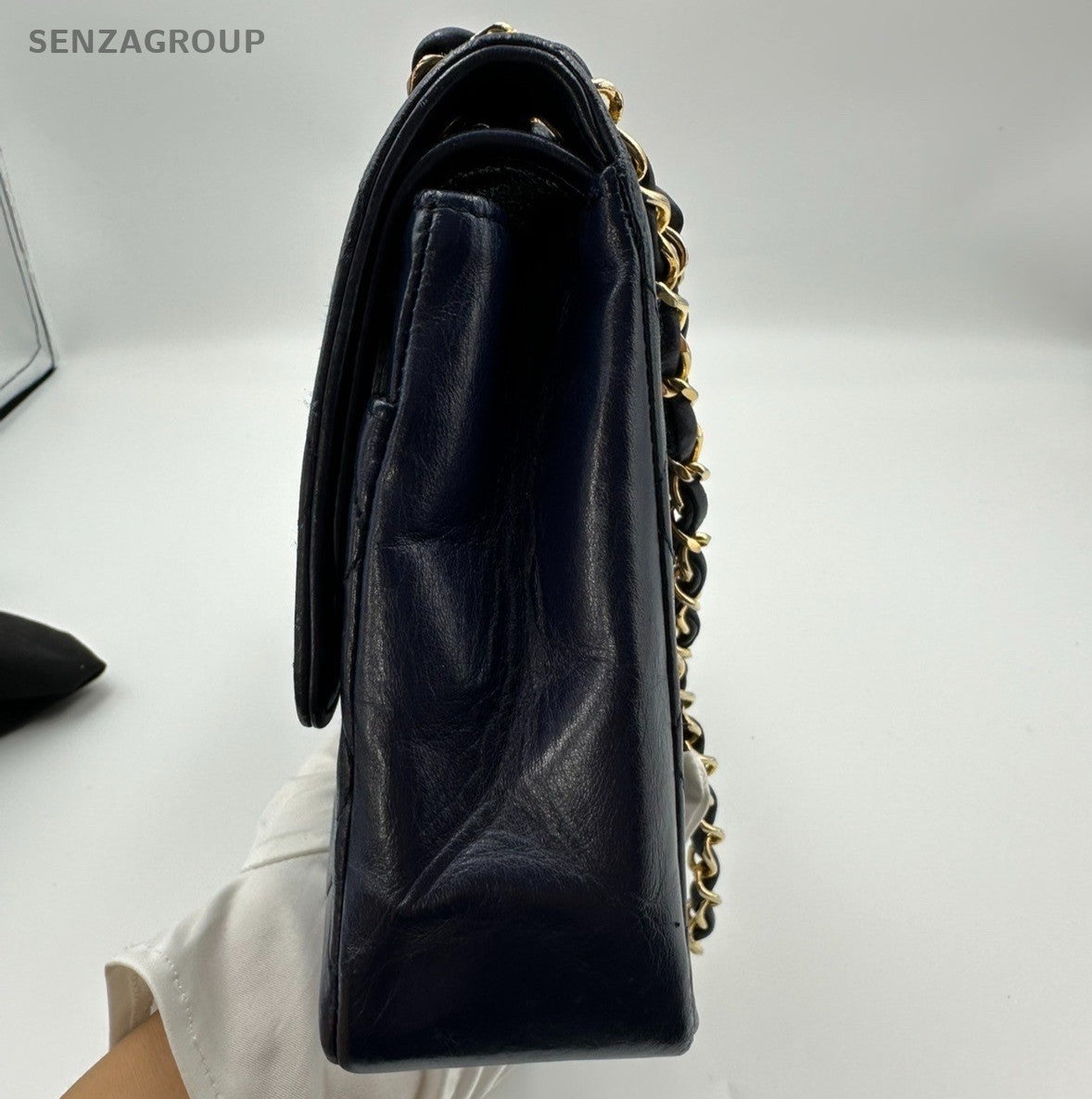 Chanel Classic Flap Lambskin MM Chain Shoulder Crossbody Blue Gold Women Vintage