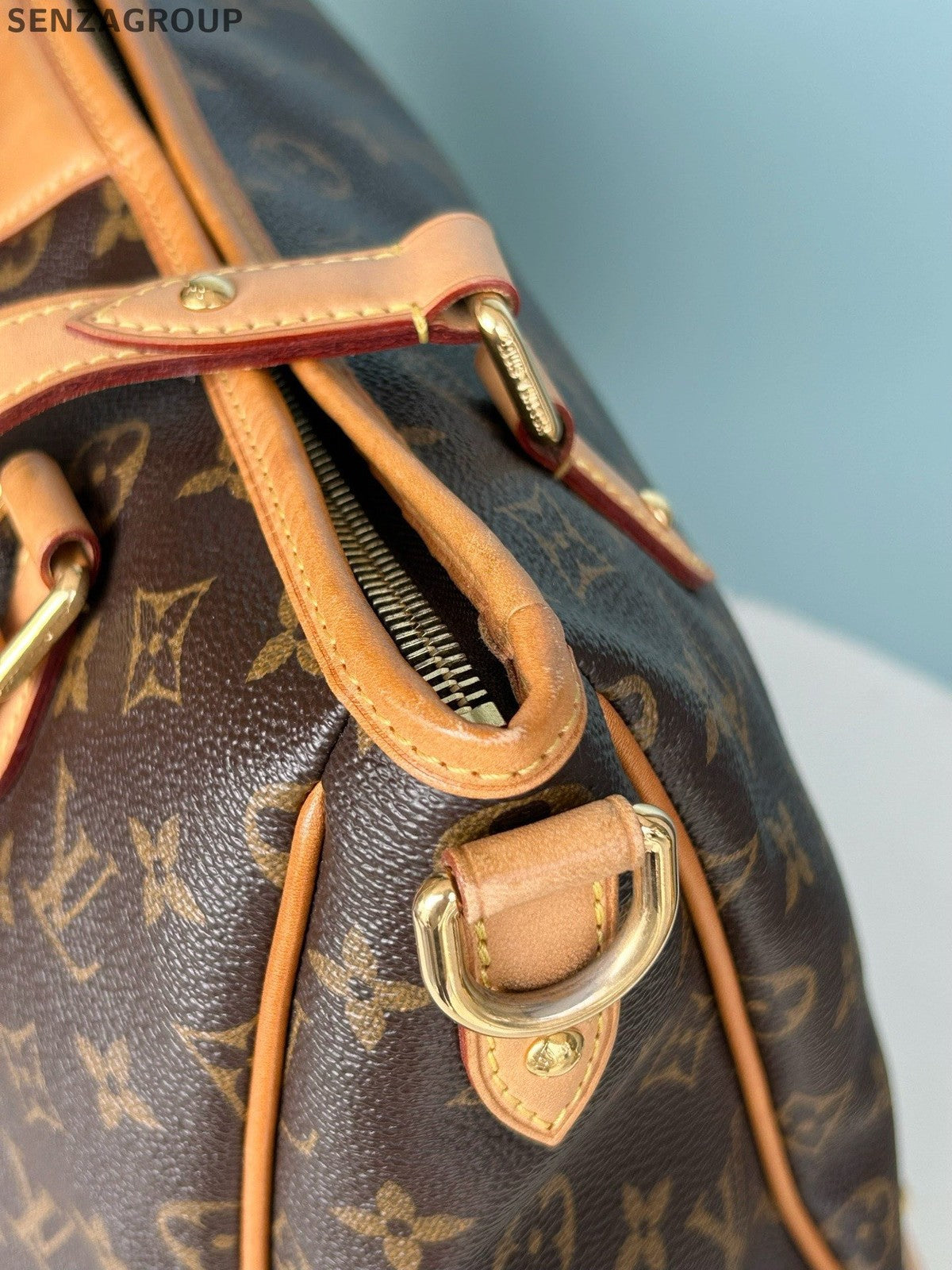 Louis Vuitton Monogram Tote Top Handle Crossbody Brown Gold Women Classic