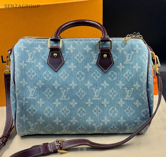 Louis Vuitton Speedy Denim Monogram Top Handle Bag Crossbody Blue Women Vintage