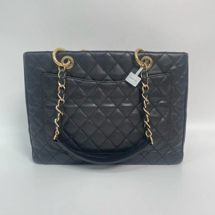 CHANEL GST Medium Black Gold Leather Tote Bag For Women