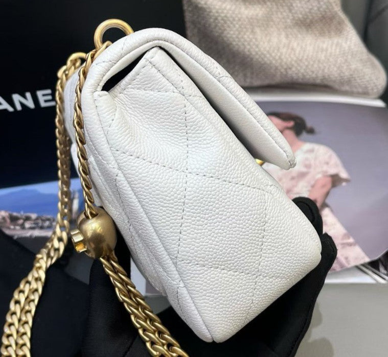 Chanel Classic Flap Calfskin Chain Shoulder Bag Crossbody White Gold Women