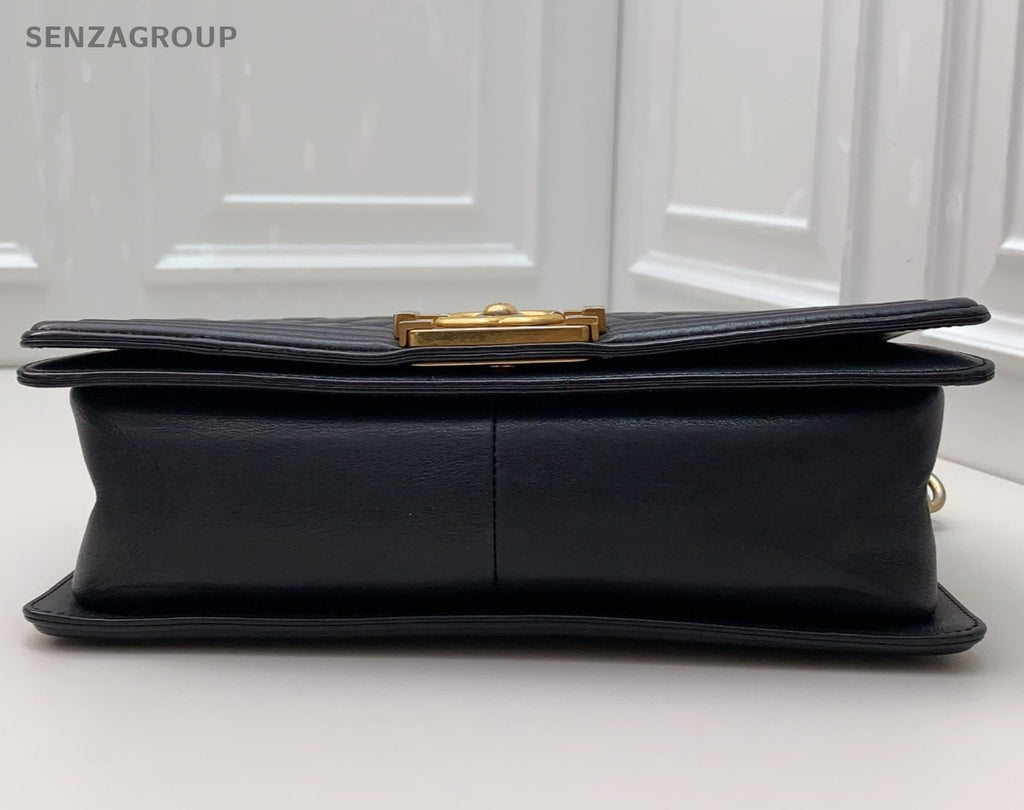 Chanel Leboy Chain Calfskin Shoulder Bag Black Gold Women Classic Diamond