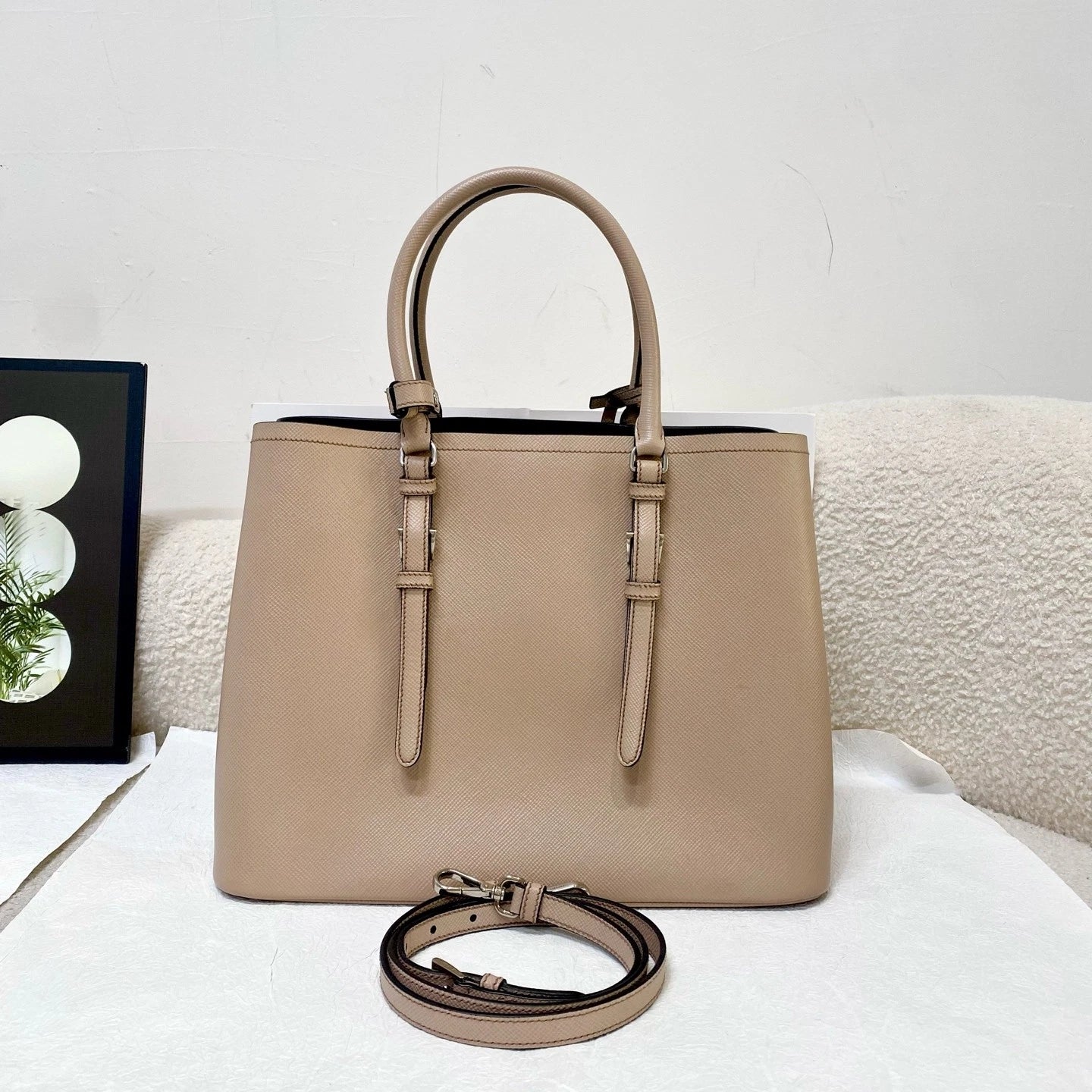 Prada Double Beige Classic Tote Handbag Crossbody Bag For Women