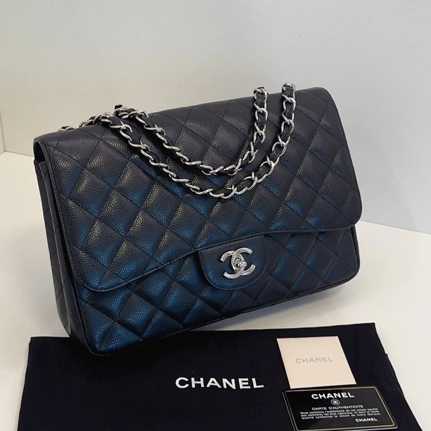 Chanel Flap Jumbo Calfskin Chain Shoulder Crossbody Black Silver Excellent