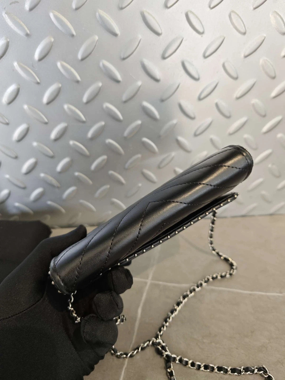 CHANEL Black Silver V Mini WOC Rivet Chain Leather Crossbody Bag Women