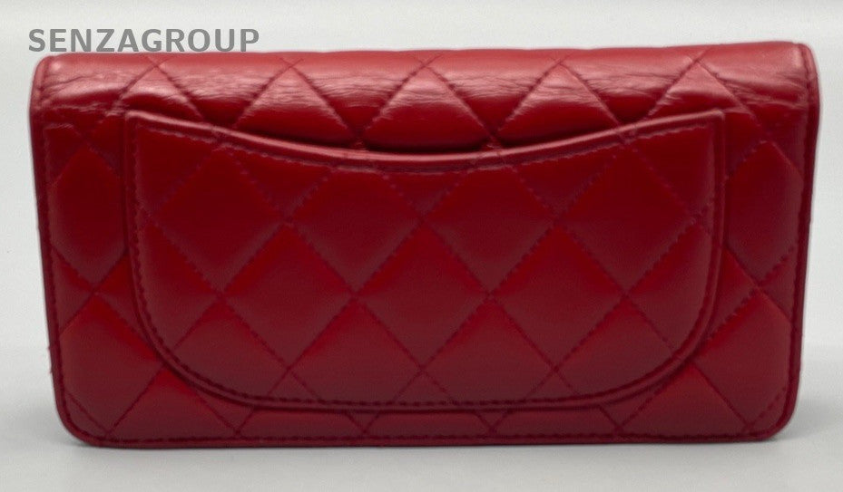 Chanel Calfskin Diamond Pattern Long Wallet Red Silver Used Women Classic