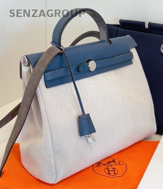 Hermes Herbag31 Top Handle Bag Shoulder Bag White Blue Silver Women Vintage