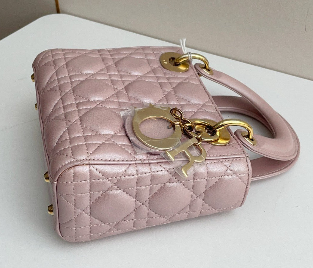Christian Dior Lady Dior Chain Crossbody Top Handle Bag Pink Gold Women Classic