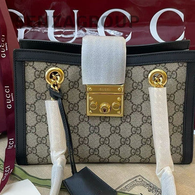 Gucci Padlock Shoulder Bag Beige Black Gold Hardware Women's Fashion