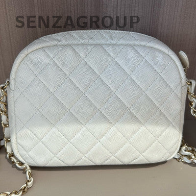 Chanel White Quilted Camera Bag with Gold Hardware