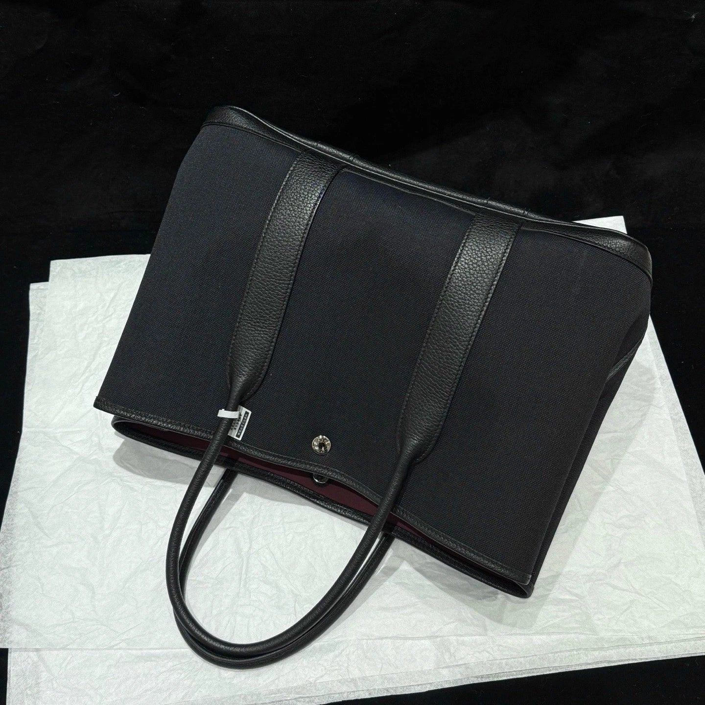 Hermes Garden Party36 Canvas Top Handle Bag Black Silver Women Classic
