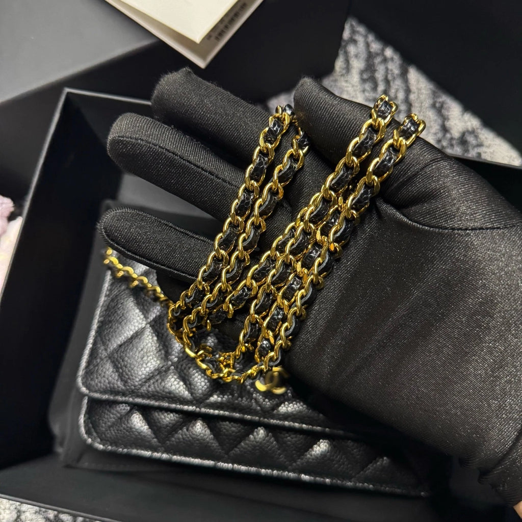 CHANEL Black Lamskin Gold 24 Chip WOC Crossbody Bag For Women