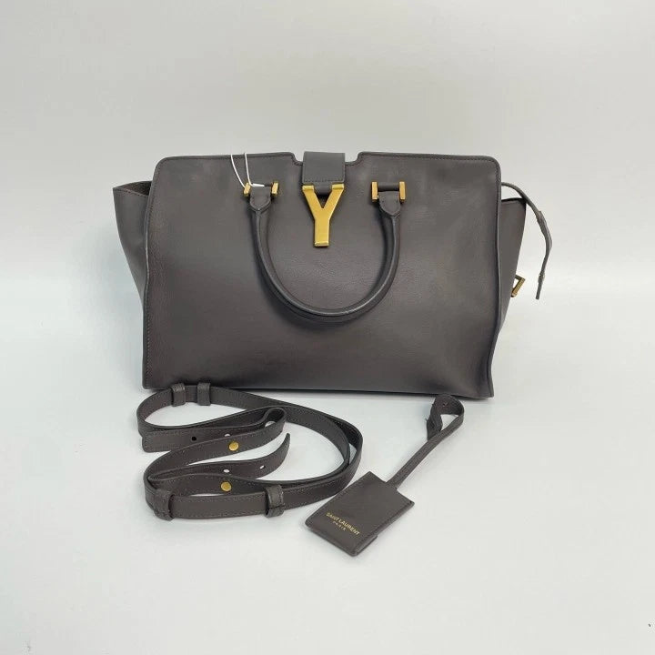 YSL Gray Calfskin Y Buckle Cabas Tote Handbag Crossbody Bag For Women