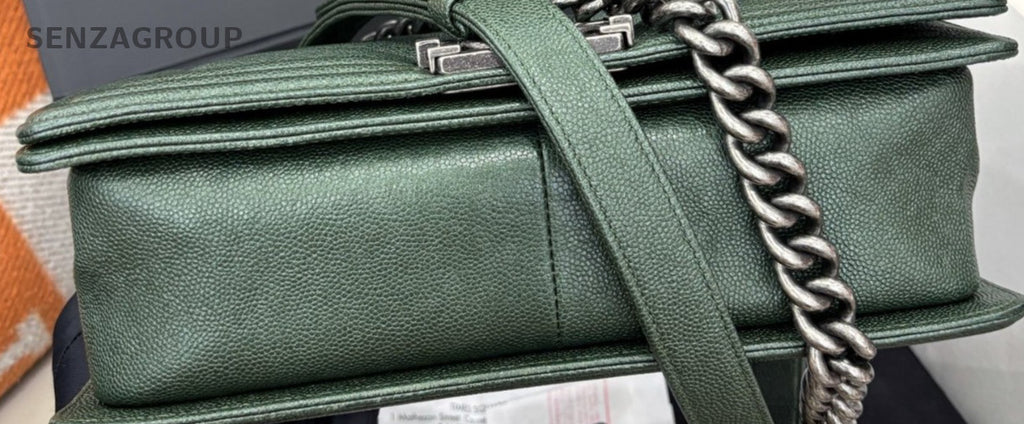 Chanel Leboy MM Calfskin Chain Shoulder Bag Green Silver Used Women Classic
