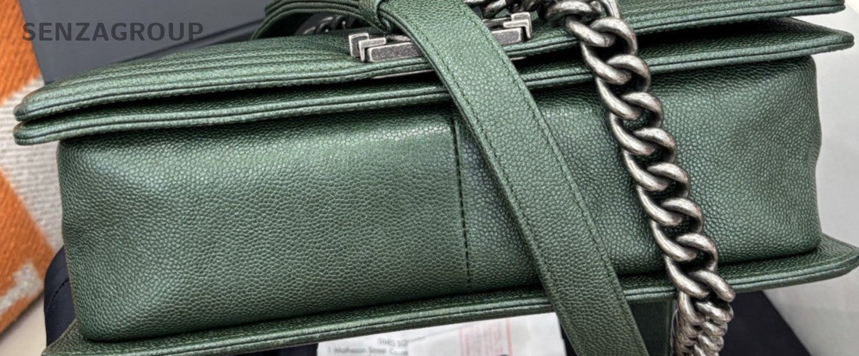 Chanel Leboy MM Calfskin Chain Shoulder Bag Green Silver Used Women Classic