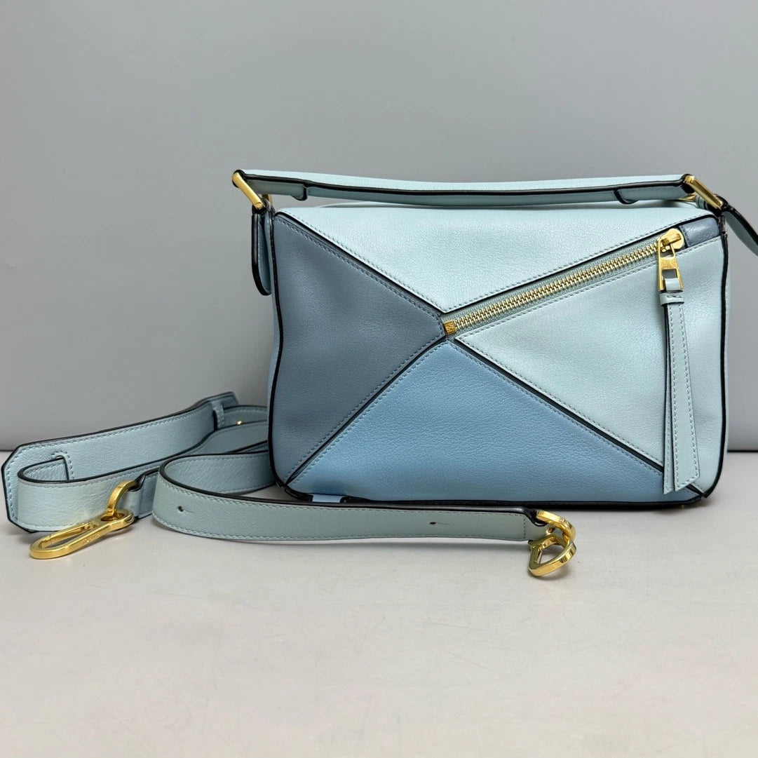Authentic Loewe Puzzle Calfskin Shoulder Crossbody Bag Blue Gold Hardware
