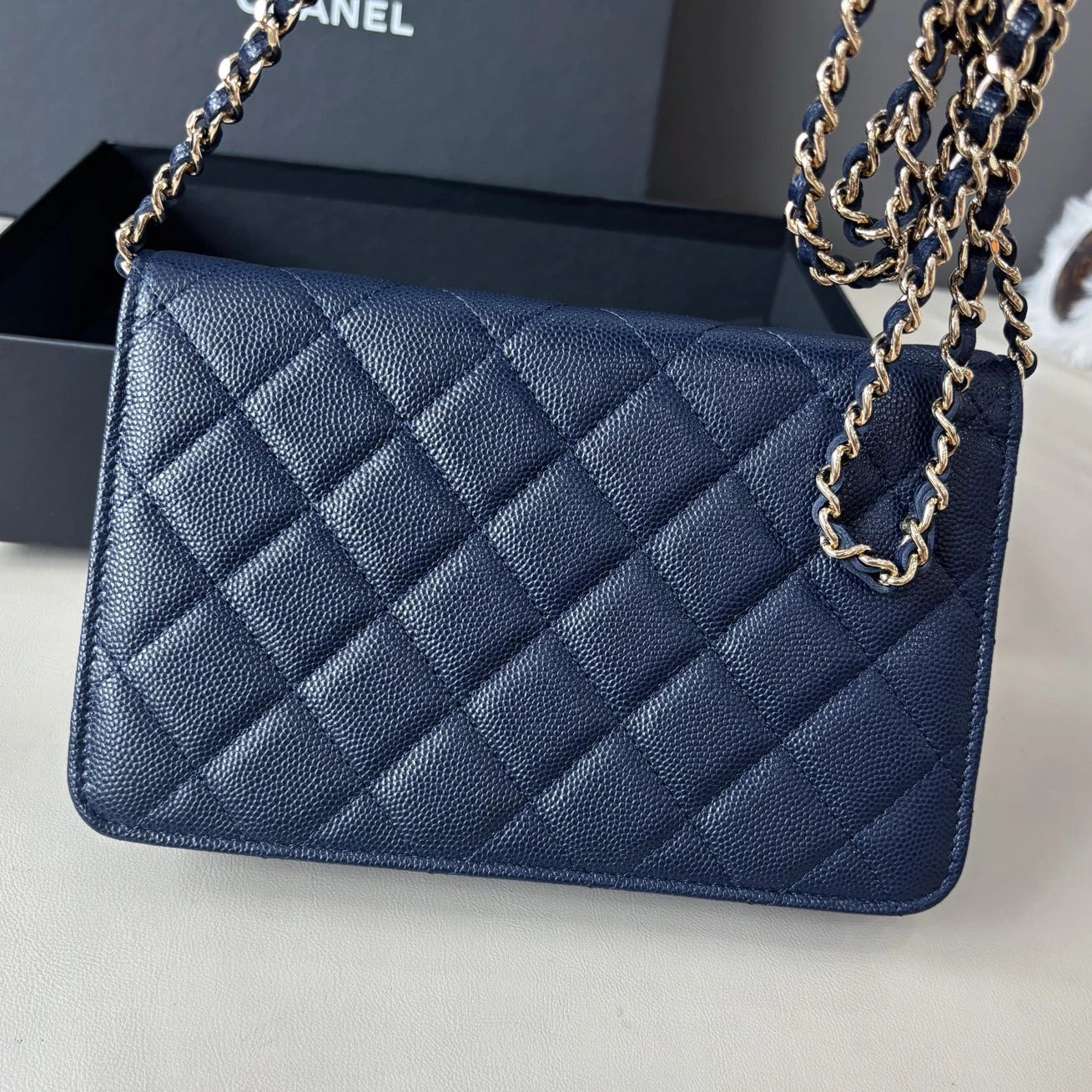 Excellent Chanel WOC Calfskin Blue Shoulder Bag Crossbody Gold Hardware Diamond