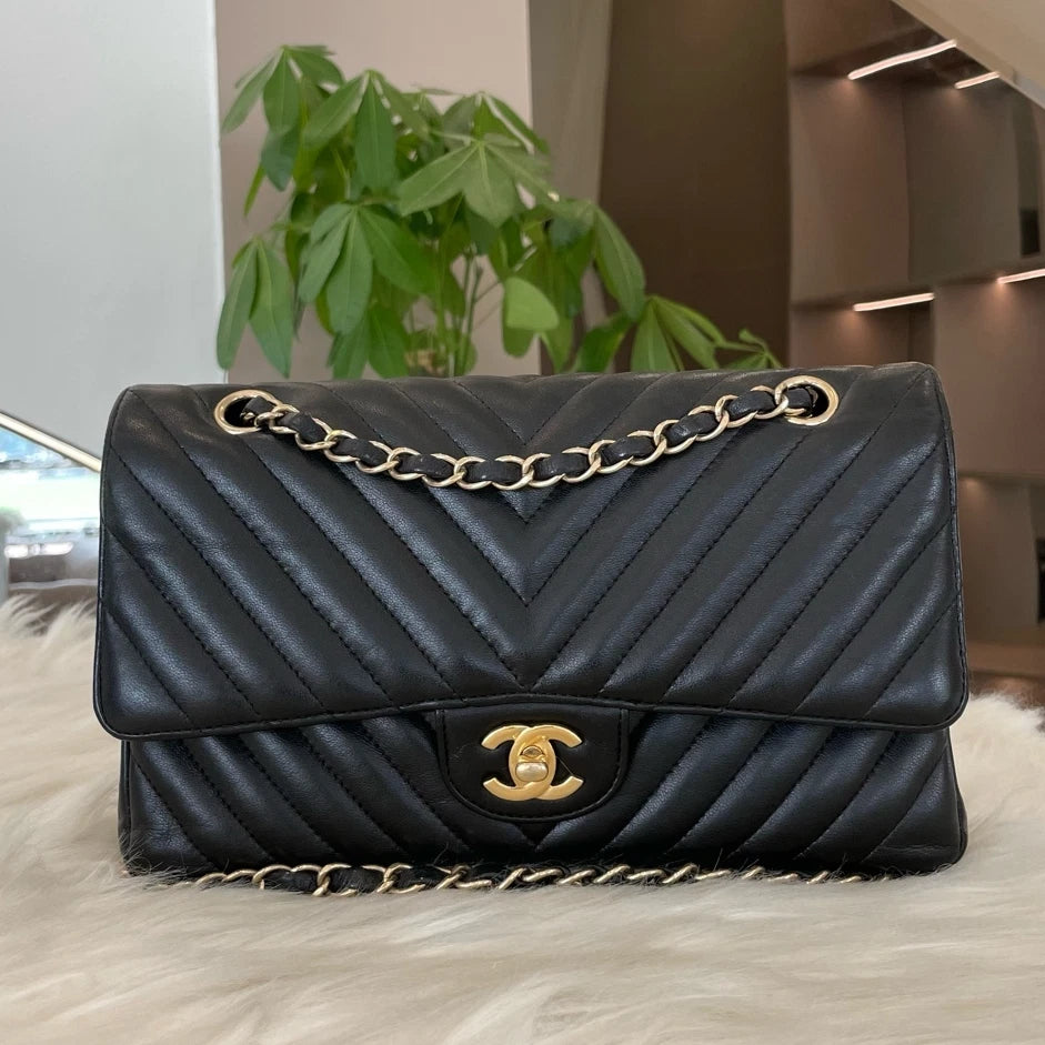 Chanel Classic Flap Medium V-Stitch Black Gold Chain Shoulder Bag