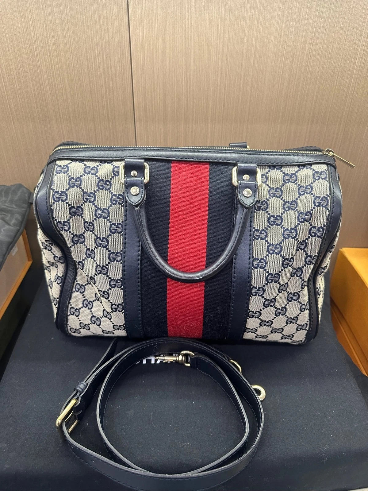 Gucci Blue Leather Canvas Boston Shoulder Crossbody Bag For Women