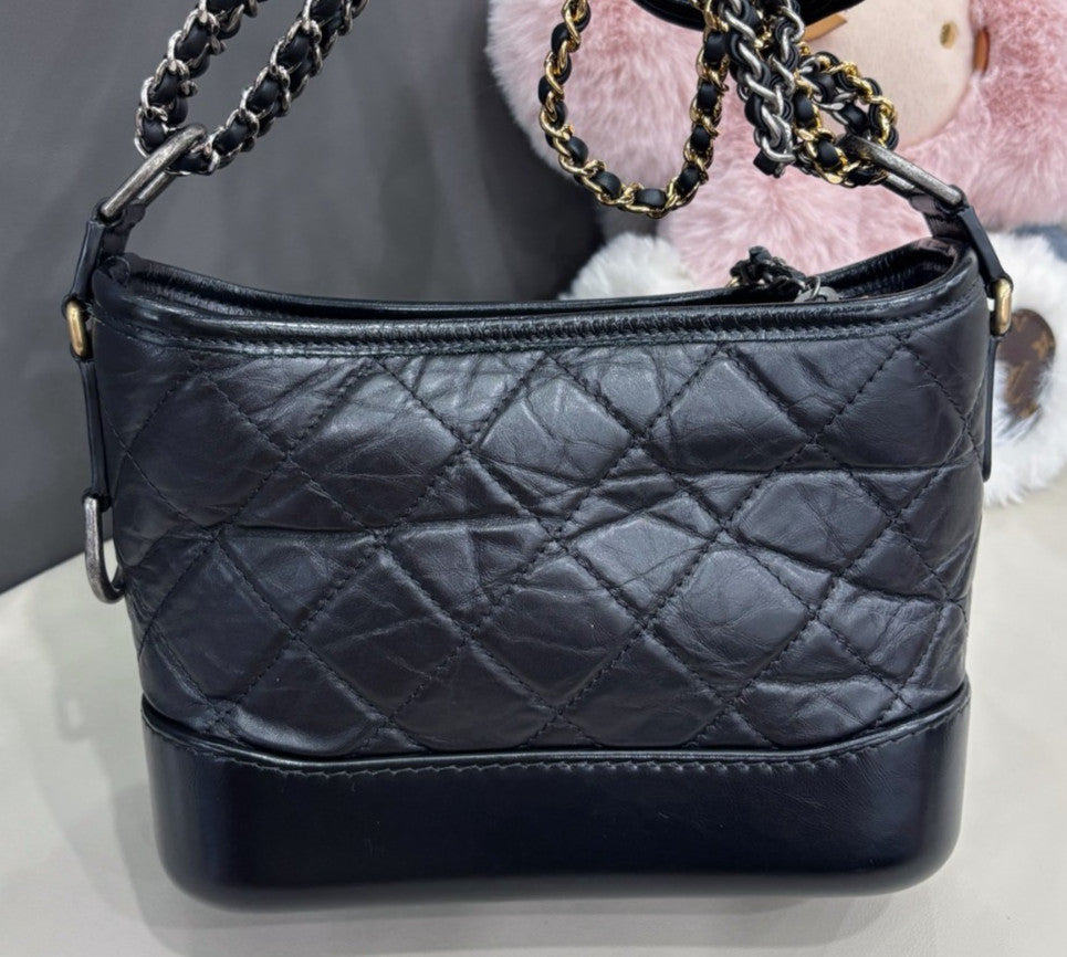 Chanel Gabrielle PM Chain Shoulder Bag Crossbody Black Gold Diamond Women