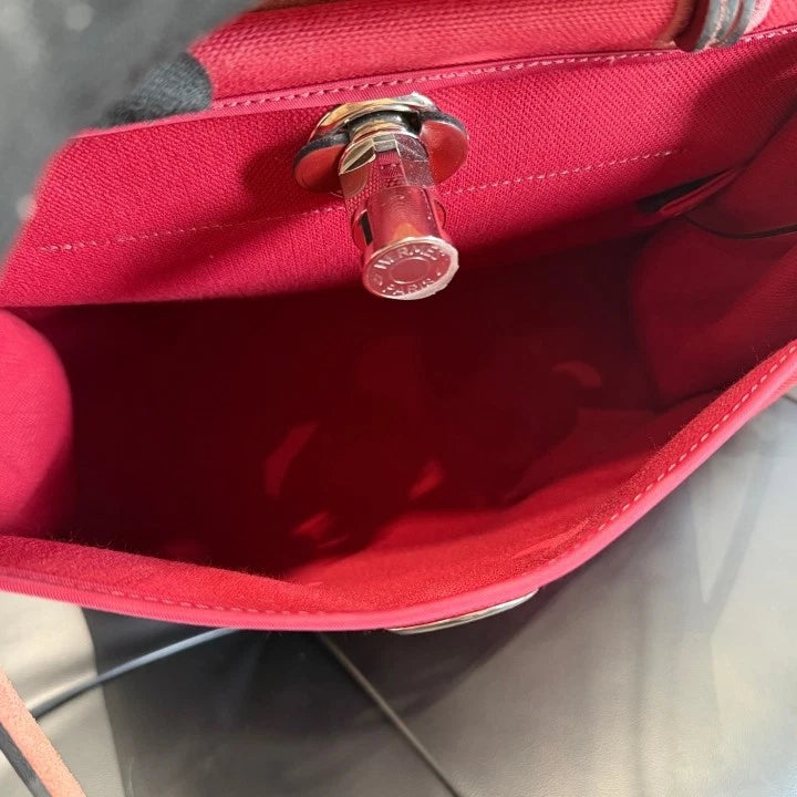 Hermes Herbag31 Canvas Top Handle Bag Crossbody Red Silver Women Classic D