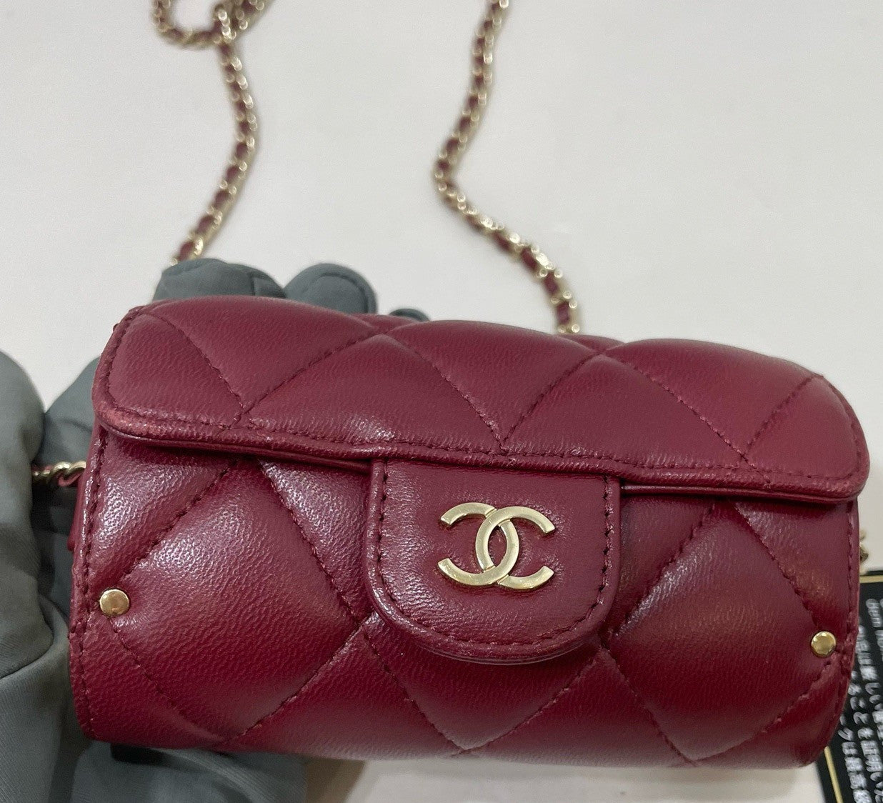 Chanel  Lambskin Chain Cylinder Bag Crossbody Red Gold Women Classic Fashion
