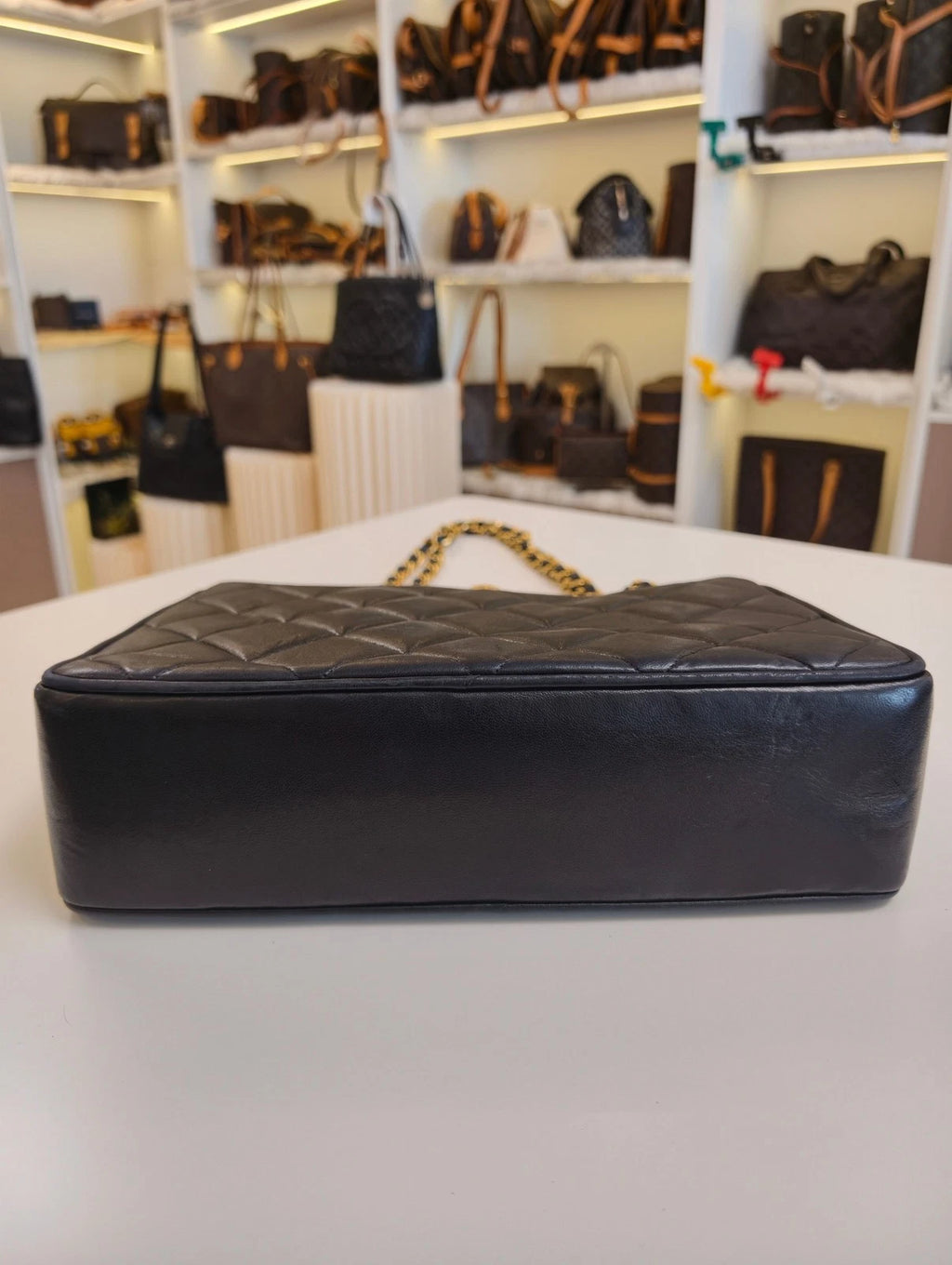 Chanel Lambskin PM Black Tote Chain Shoulder Bag Diamond Gold Hardware