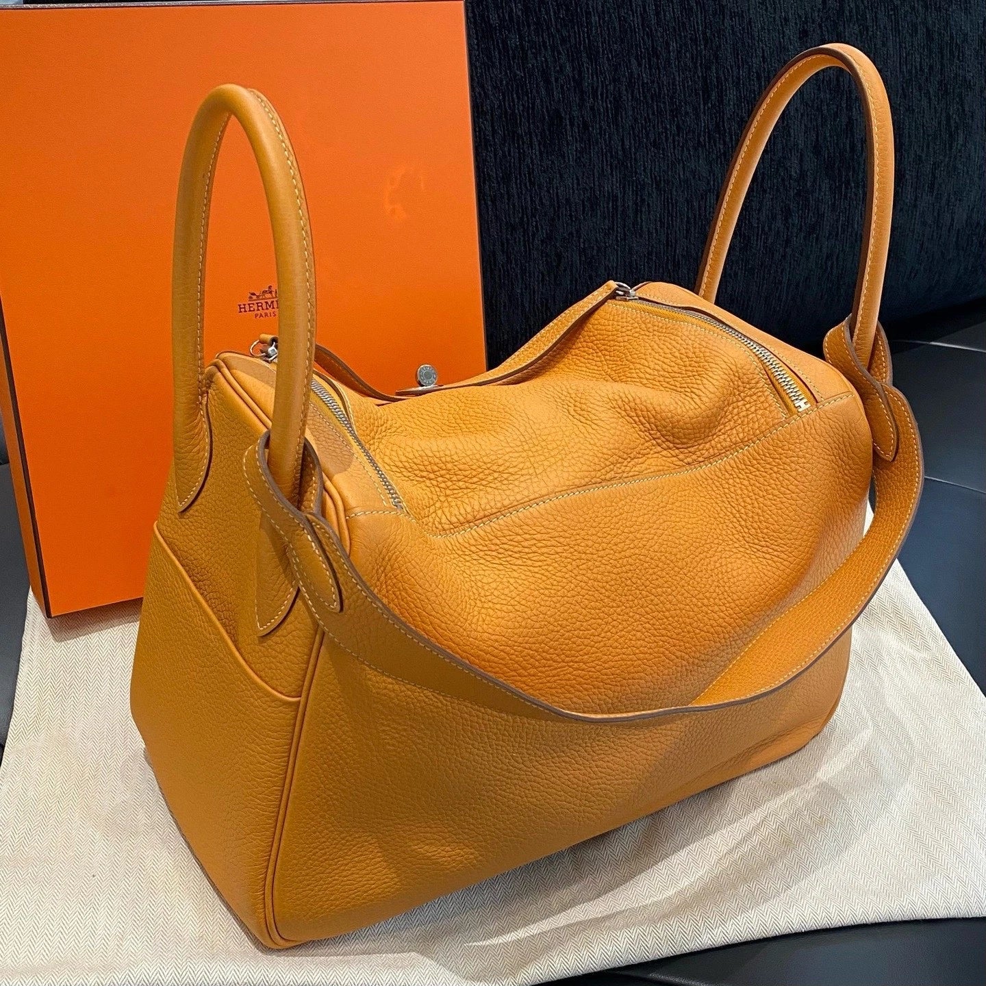Hermes Lindy34 Top Handle Shoulder Bag Orange Silver Used Women Fashion Classic