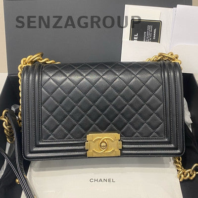 Chanel Le Boy Black Gold Quilted Calfskin Medium Chain Shoulder Bag